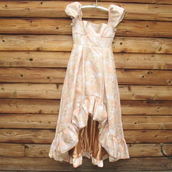 Mac Duggal 68276  Womens FLORAL PRINT PUFF SLEEVE HIGH LOW BROCADE GOWN - Picture 6 of 13